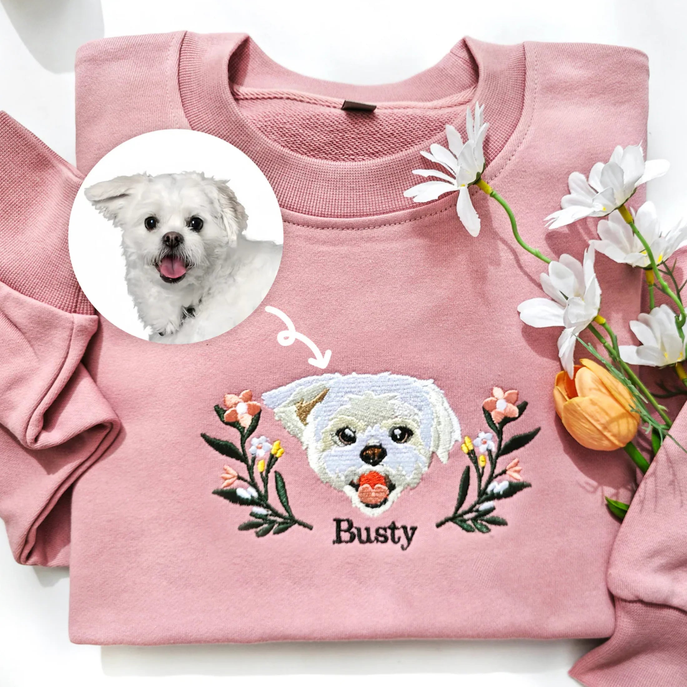 Sweat à capuche/sweat-shirt brodé personnalisé avec portrait d'animal de compagnie et fleur