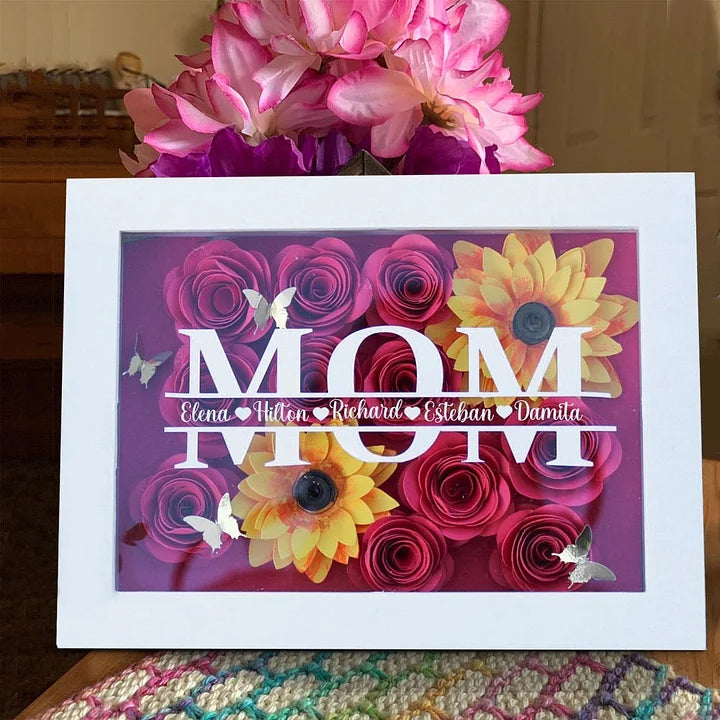 Personalisierte Mama-Blumen-Schattenbox mit Namen zum Muttertag und für Ihre Liebe - handgemachtes Geschenk