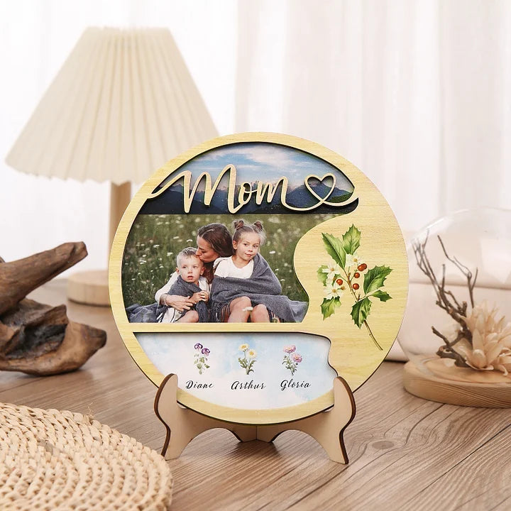 Personalisiertes Foto Holzschild Benutzerdefinierte Geburtsblumen &amp; Namen Holzschild mit Ständer Geschenke für Mama