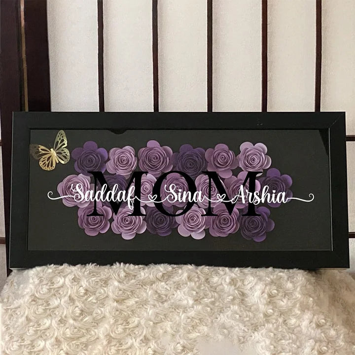 Personalisierte Blumen-Schattenbox für Mama mit dem Namen des Kindes als Geschenkidee zum Muttertag – Wunderbares Geschenk für Mama