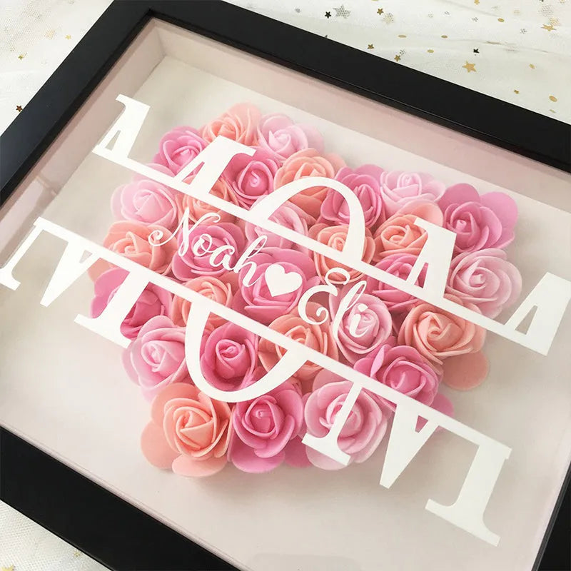 Personalisierte Blumenherz-Schatten-Blumenbox für Mama - Benutzerdefinierter Name Rosenrahmen