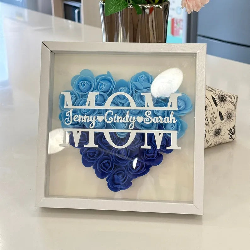 Boîte à ombres personnalisée avec fleurs - Cadeau de la fête des mères pour grand-mère, maman, Nana, Mimi avec noms d'enfants personnalisés