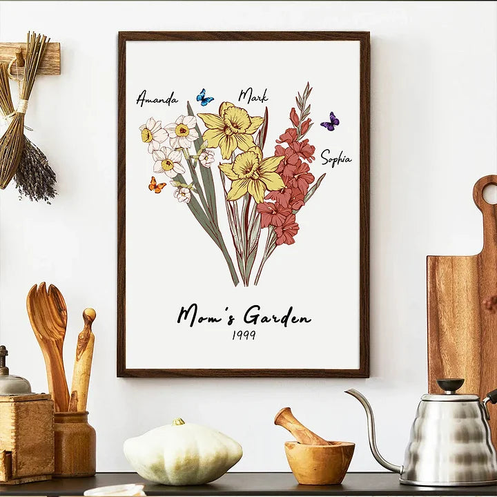 Cadre personnalisé avec noms du bouquet familial de fleurs de naissance Papillon