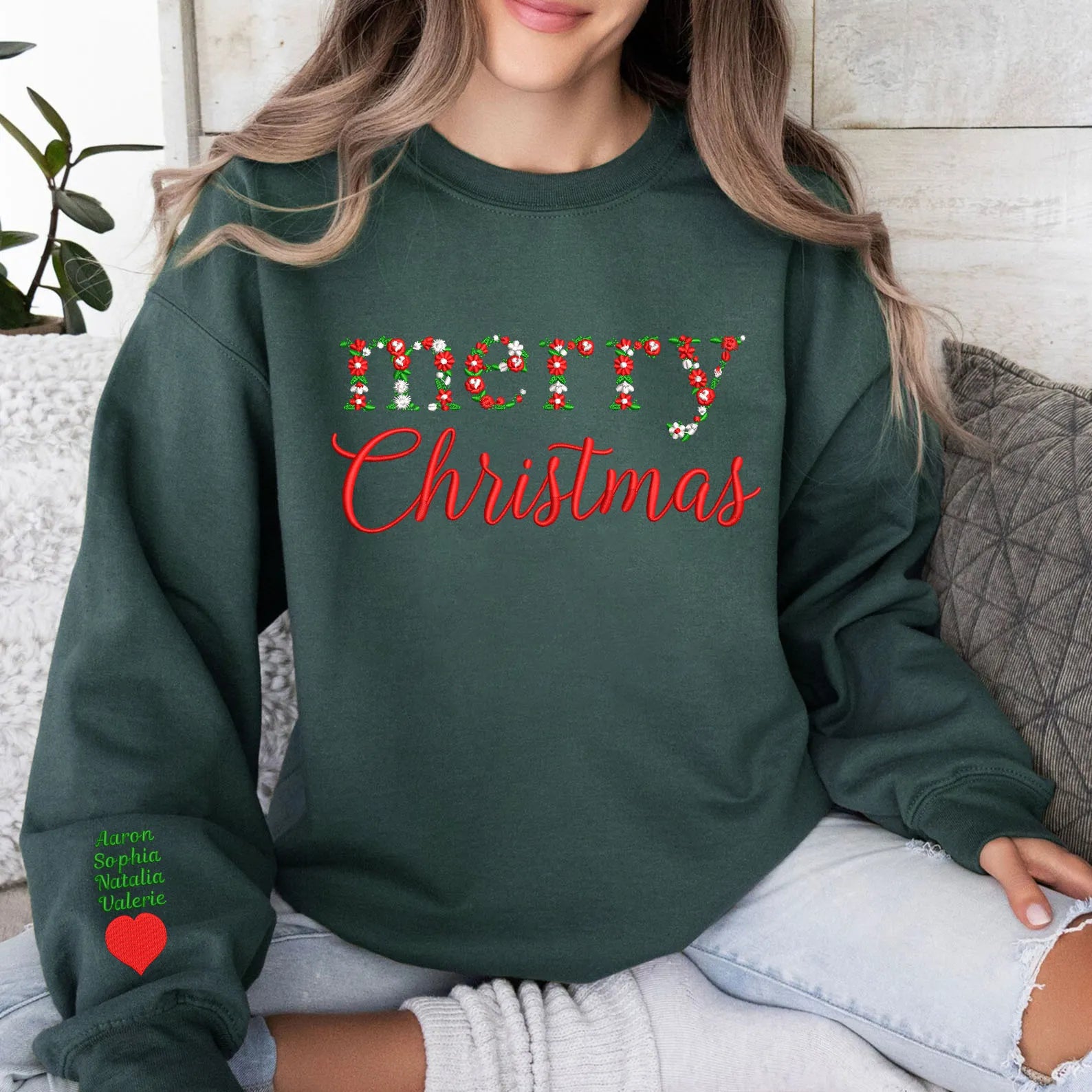 Felpa Ricamata con Motivo Floreale di Buon Natale