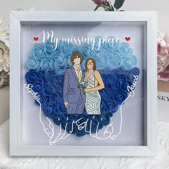 Portrait personnalisé de couple "My Missing Piece" dans une boîte à ombre florale