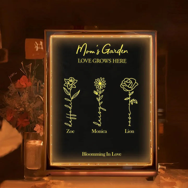 Moms Garden ist ihr Kinder - Personalisiertes, individuelles goldenes Folien-Nachtlicht mit Geburtsblume, Spiegel, Muttertagsgeschenk