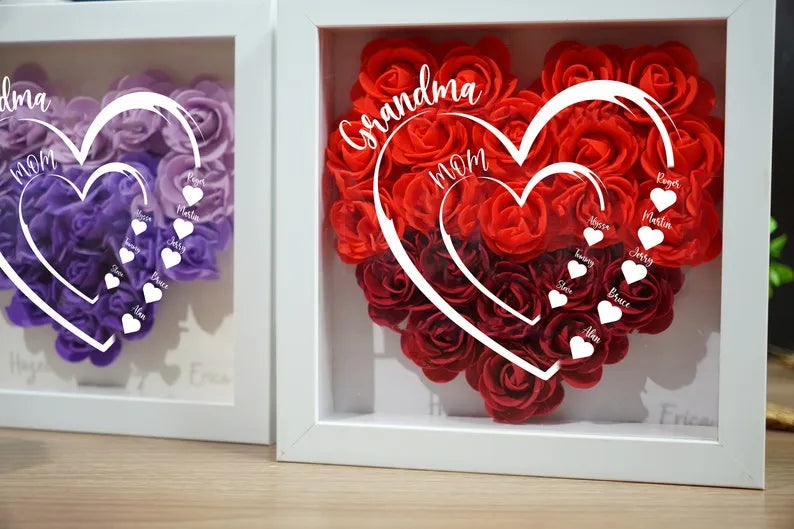 Personalisierte Blumen-Schattenbox, benutzerdefinierter Name und Text, Herz-Rosenrahmen, Dekorationen, Muttertagsgeschenk für sie, Geschenk für Oma, Nanny, Mimi