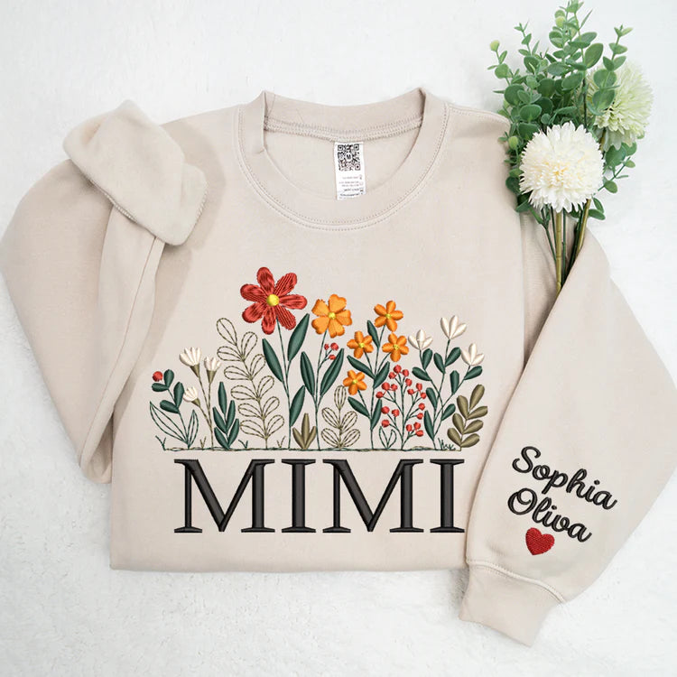 Mimi Blume bestickt - Custom Mimi mit Kindern - Mama Oma Geschenk Sweatshirt