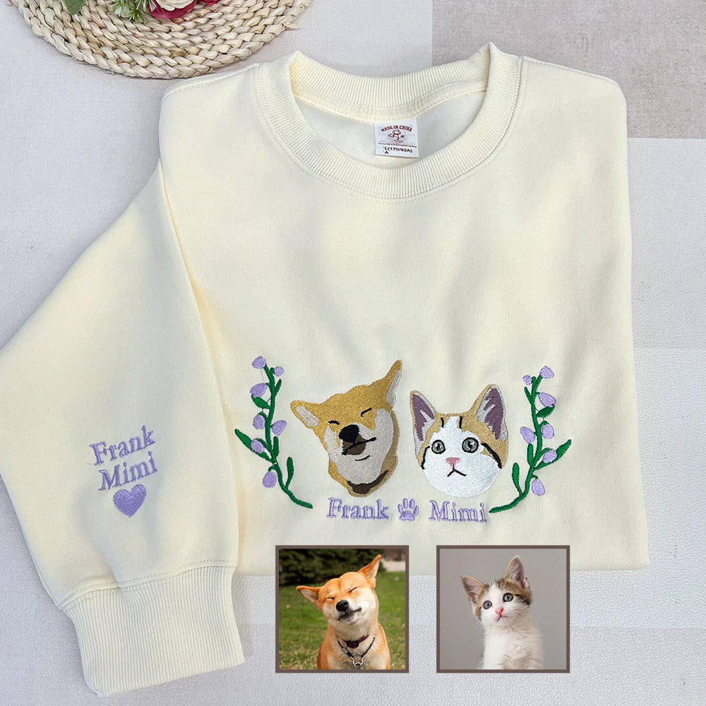Sweat à capuche/sweat-shirt brodé personnalisé avec portrait d'animal de compagnie et fleur