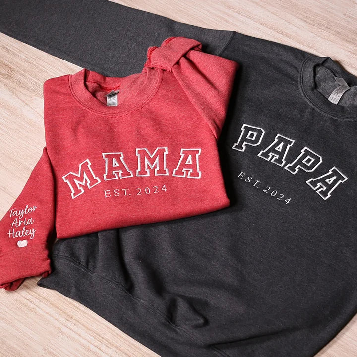 Personalisiertes Sweatshirt mit Aufnäher für Mama und Papa mit Datum und Namen – Geschenk zum Muttertag und Vatertag