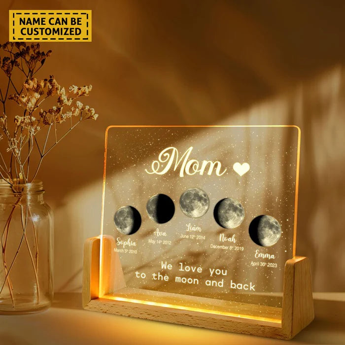 Luz nocturna personalizada de fases lunares con nombres de niños