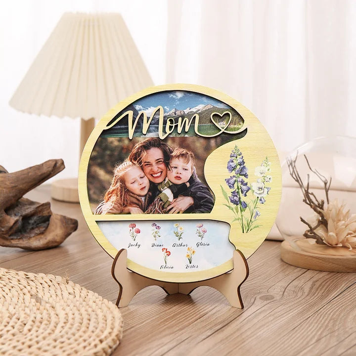 Plaque en bois photo personnalisée Fleurs de naissance personnalisées & Noms Panneau en bois avec support Cadeaux pour maman