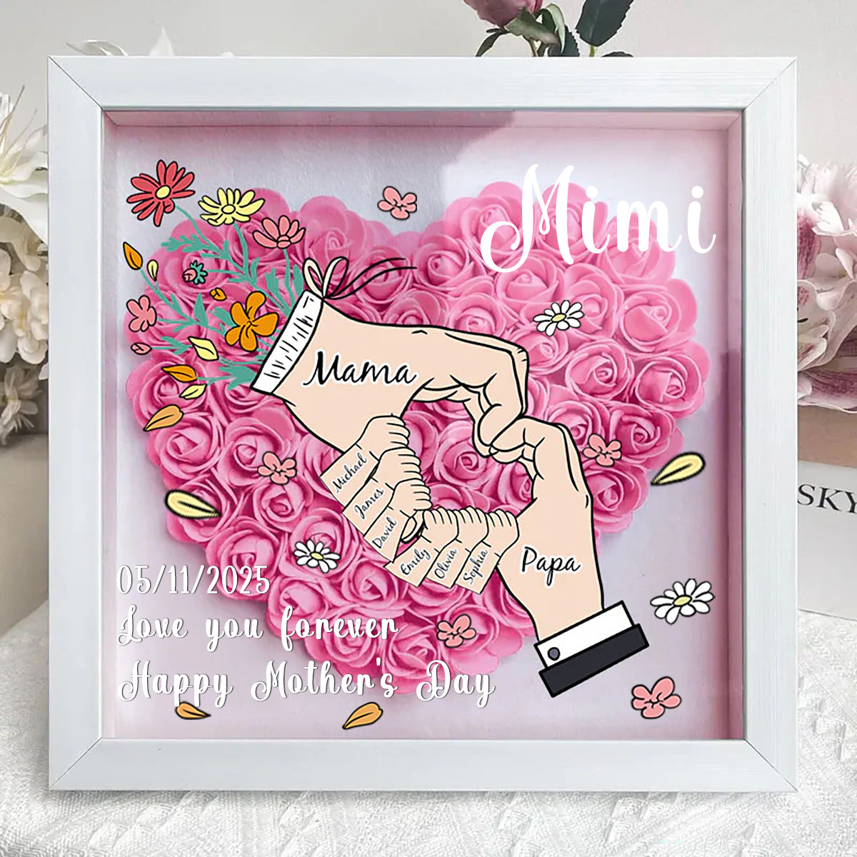 Love You Forever Scatola Ombra Personalizzata a Forma di Cuore con Fiori per Mamma Papà Nonna Nonno