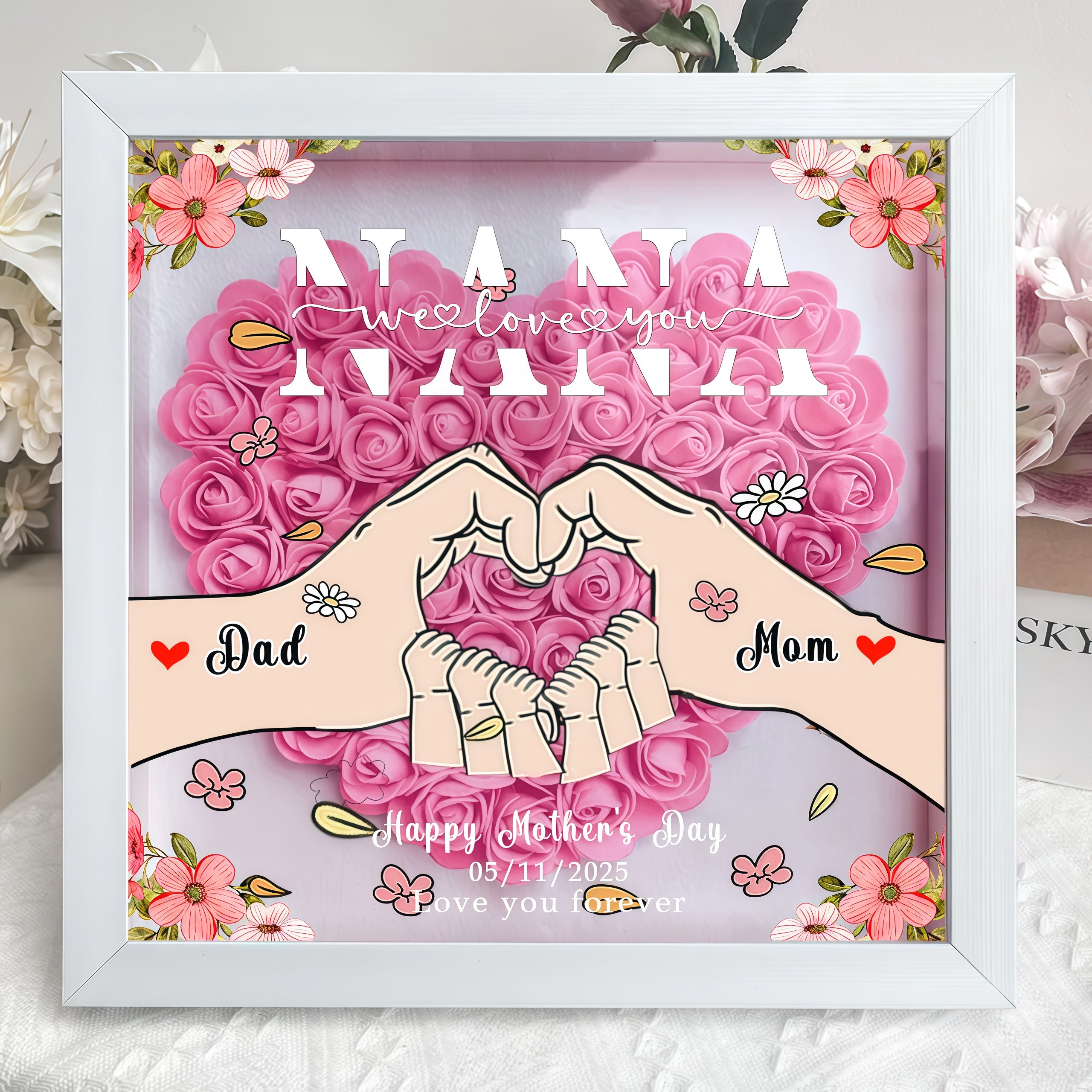 Mum We Love You - Personalized Heart-Shaped Flower Shadow Box, for Mom and Dad, Grandma and Grandpa, Mother's Day gift