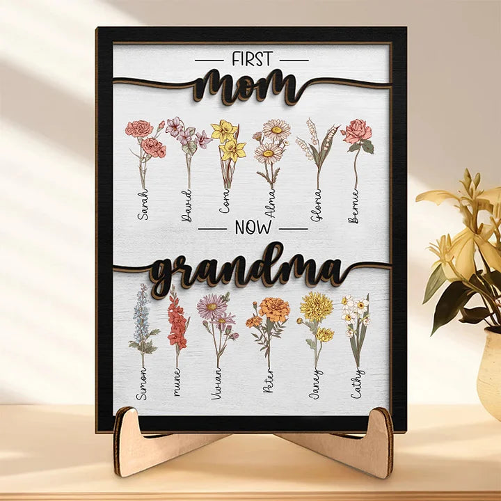 Première Maman Maintenant Grand-mère - Plaque en Bois Personnalisée Familiale à 2 Couches