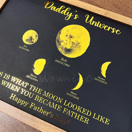 Imprimir marco personalizado de fase lunar con texto y fecha - Universo de papá - Regalo para papá abuelo
