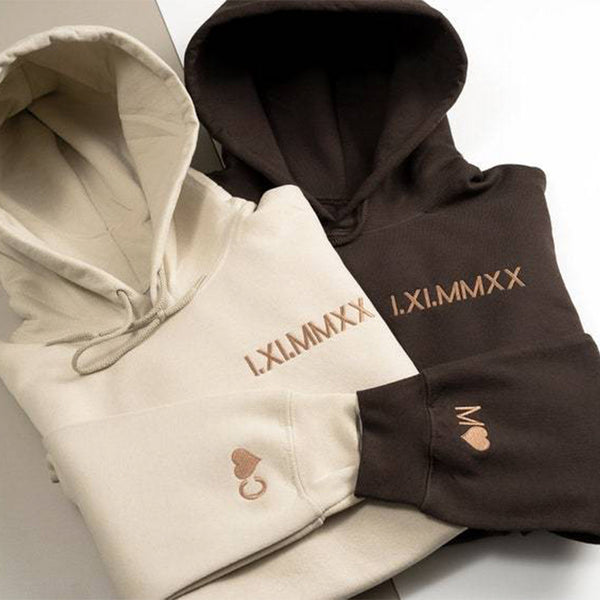 Custom Embroidered Roman Numeral Hoodie - Couples Gift - Personalized Gift Date Hoodie Initial on Sleeve - Engagements