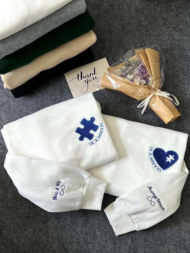 Regalo del Día de San Valentín Sudadera a juego para pareja con corazón personalizado y rompecabezas con números romanos bordados
