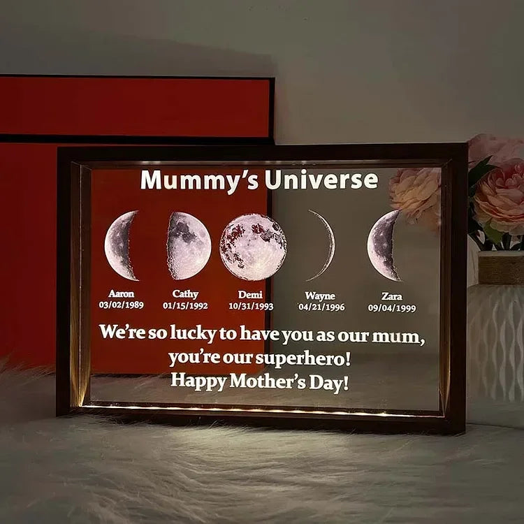 Marco de luz LED con texto y fecha - Mum's Universe