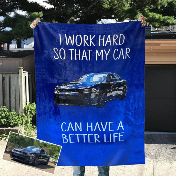 Custom Picture Car Blanket Minimalistic Print Gift for Family "I Work Hard"