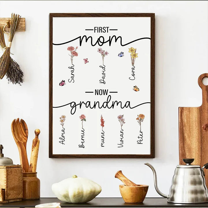 First Mom Now Grandma-Geburtsblume Familie personalisierte Namen Rahmen