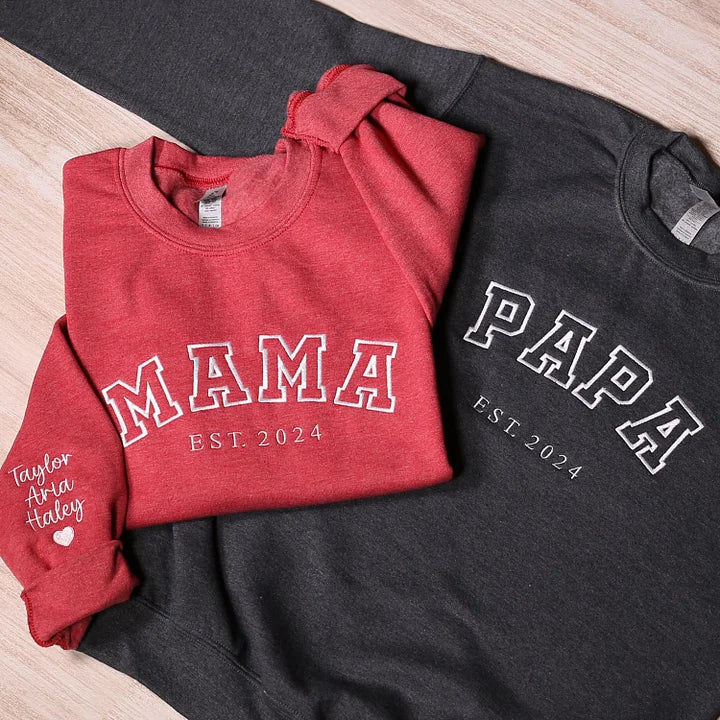 Personalisiertes Sweatshirt mit Aufnäher für Mama und Papa mit Datum und Namen – Geschenk zum Muttertag und Vatertag