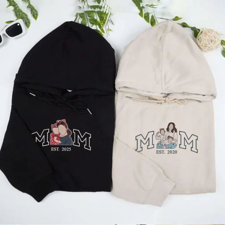 Felpa Mom/Mum con Foto, Felpa con Cappuccio Ricamata Personalizzata Ritratto di Mama e Bambini, Regalo per Mom Mum Mama Mommy