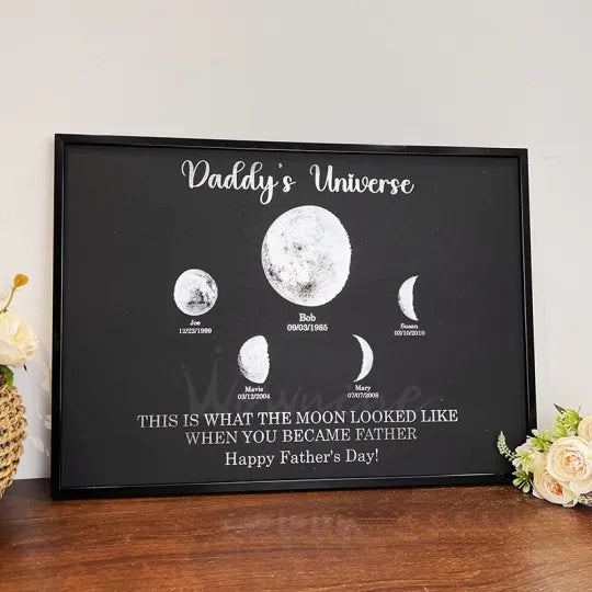 Imprimir marco personalizado de fase lunar con texto y fecha - Universo de papá - Regalo para papá abuelo