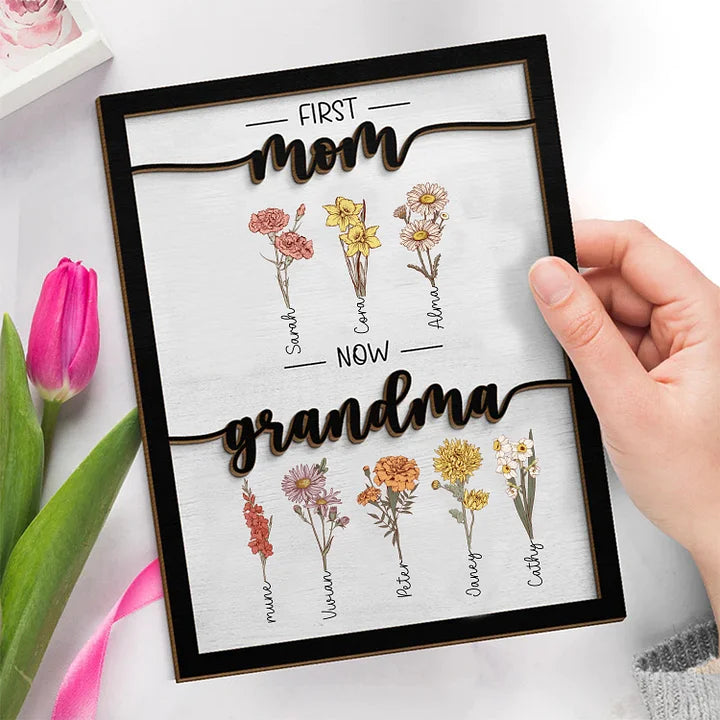 Première Maman Maintenant Grand-mère - Plaque en Bois Personnalisée Familiale à 2 Couches