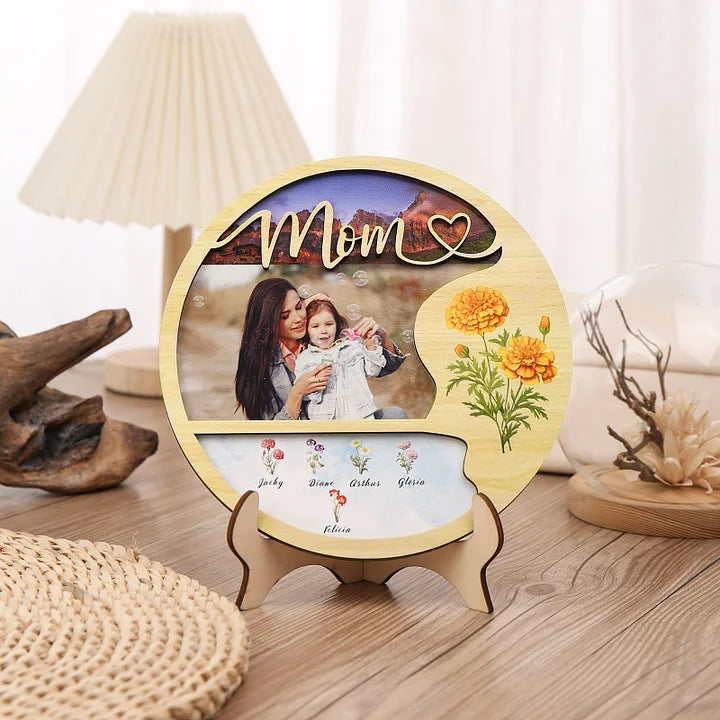 Plaque en bois photo personnalisée Fleurs de naissance personnalisées & Noms Panneau en bois avec support Cadeaux pour maman