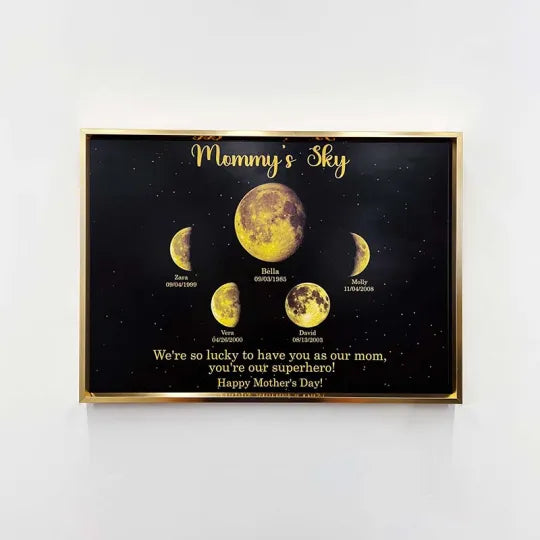 Imprimir marco personalizado que rodea la fase lunar con texto y fecha - Universo de Mamá - Regalo personalizado para Mamá Abuela