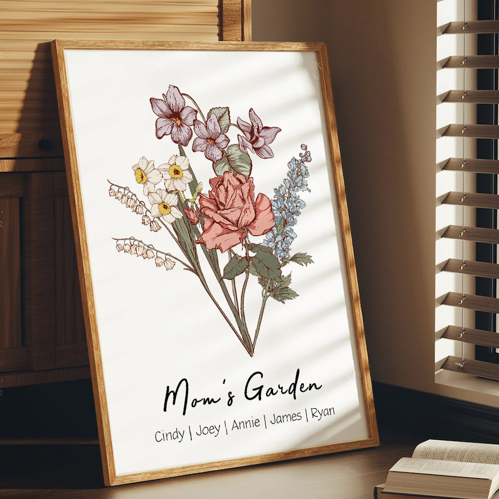 Cadre personnalisé avec noms, bouquet familial de fleurs de naissance, jardin de maman, jardin de grand-mère.
