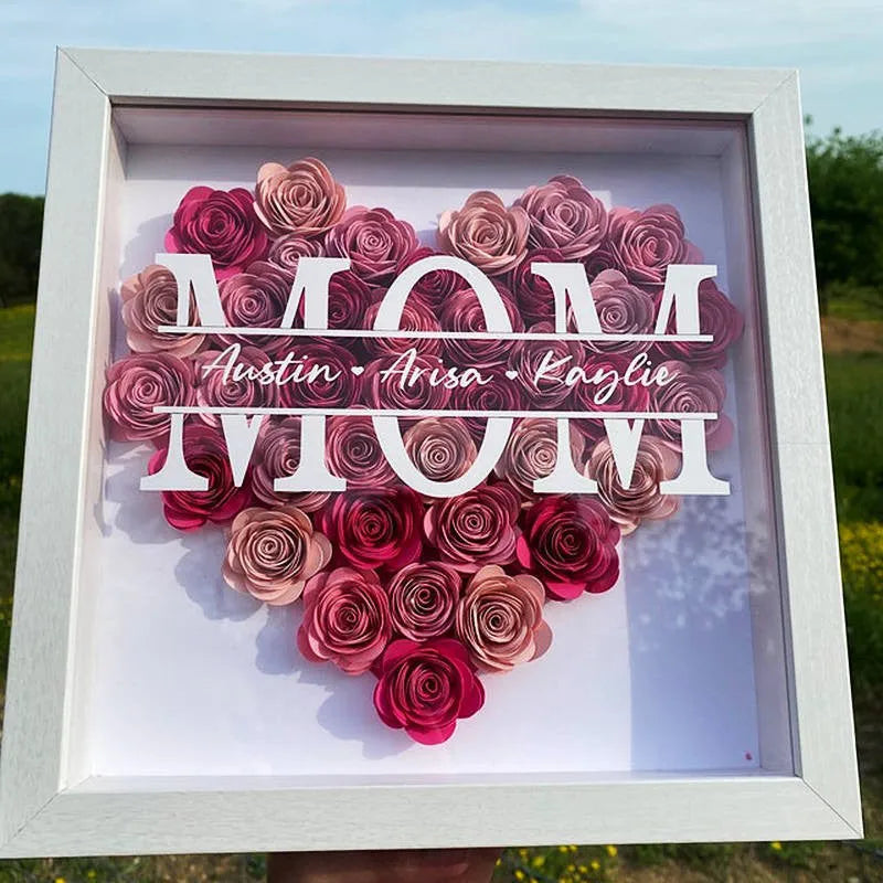 Personalisierte Blumenherz-Schatten-Blumenbox für Mama - Benutzerdefinierter Name Rosenrahmen