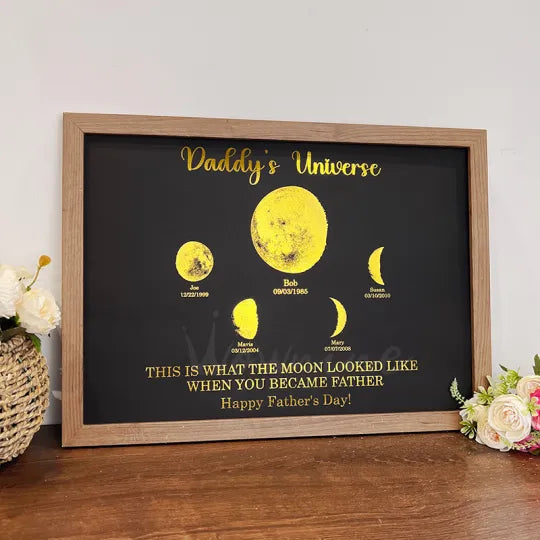 Imprimir marco personalizado de fase lunar con texto y fecha - Universo de papá - Regalo para papá abuelo