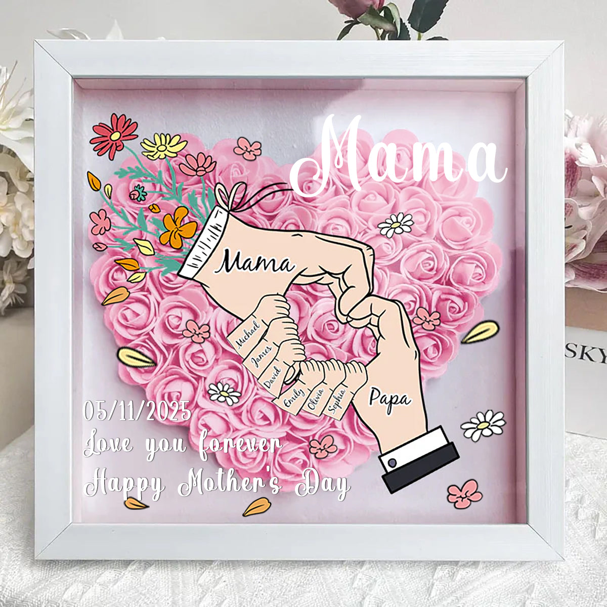 Love You Forever Scatola Ombra Personalizzata a Forma di Cuore con Fiori per Mamma Papà Nonna Nonno