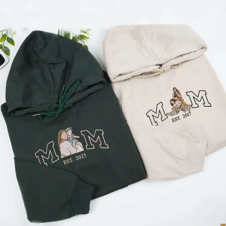 Felpa Mom/Mum con Foto, Felpa con Cappuccio Ricamata Personalizzata Ritratto di Mama e Bambini, Regalo per Mom Mum Mama Mommy