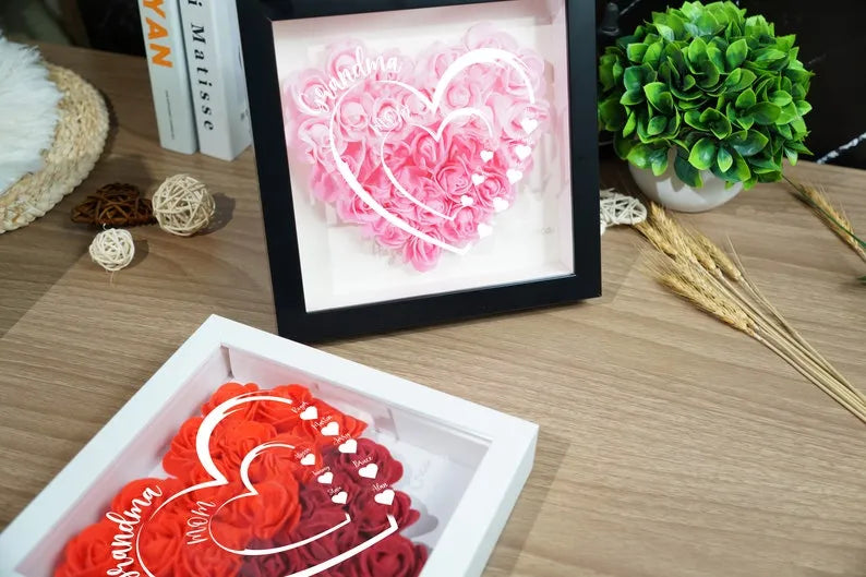 Personalisierte Blumen-Schattenbox, benutzerdefinierter Name und Text, Herz-Rosenrahmen, Dekorationen, Muttertagsgeschenk für sie, Geschenk für Oma, Nanny, Mimi