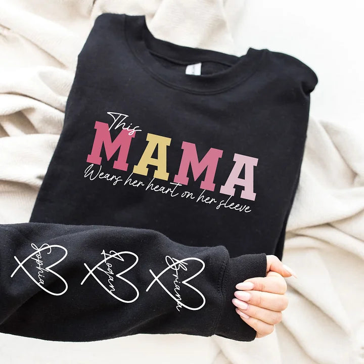 Personalisiertes Sweatshirt mit Herz am Ärmel - Personalisiertes Familien-Sweatshirt - Geschenk für Mama und Oma