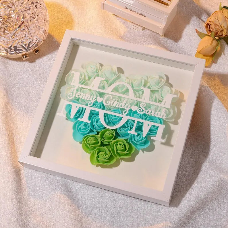 Caja de sombra personalizada con flores - Caja de sombra personalizada con nombre de rosas - Regalo de flores para mamá, abuela, nana