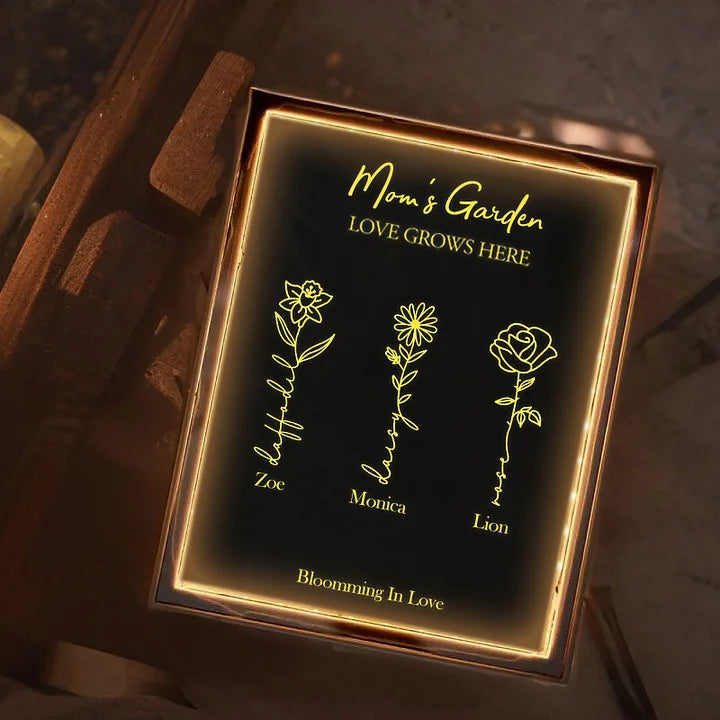 Moms Garden ist ihr Kinder - Personalisiertes, individuelles goldenes Folien-Nachtlicht mit Geburtsblume, Spiegel, Muttertagsgeschenk