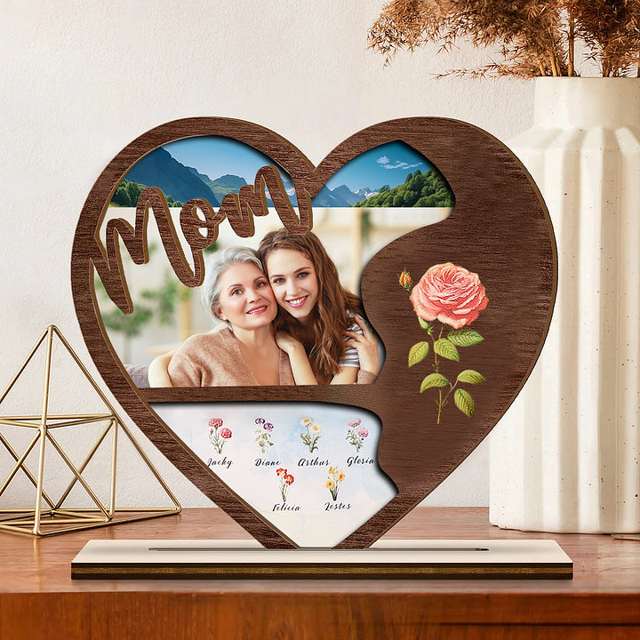 Plaque en bois photo personnalisée Fleurs de naissance personnalisées & Noms Panneau en bois avec support Cadeaux pour maman