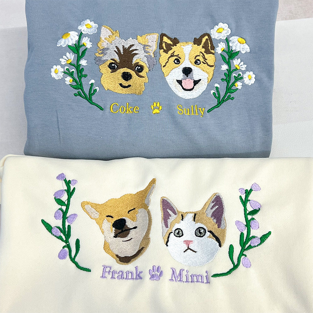 Sweat à capuche/sweat-shirt brodé personnalisé avec portrait d'animal de compagnie et fleur