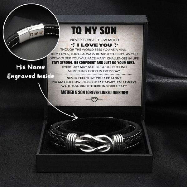 Son's Infinity Knot Bracelet Gift Set w/ added Engraved Name