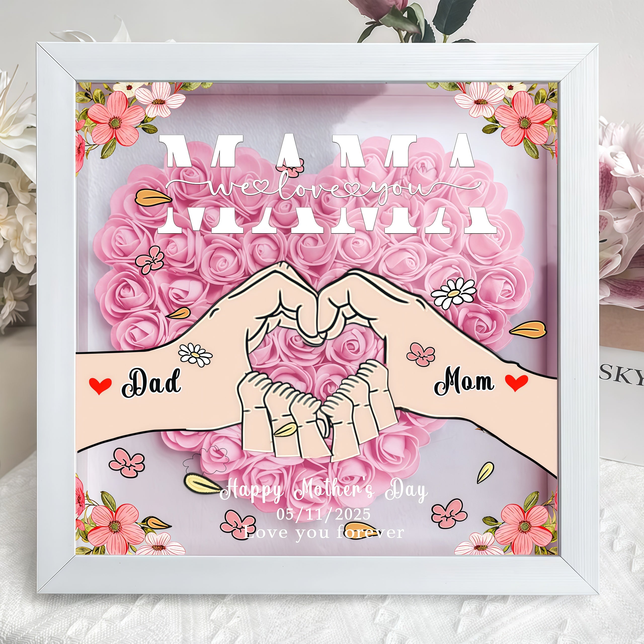 Mum We Love You - Personalized Heart-Shaped Flower Shadow Box, for Mom and Dad, Grandma and Grandpa, Mother's Day gift
