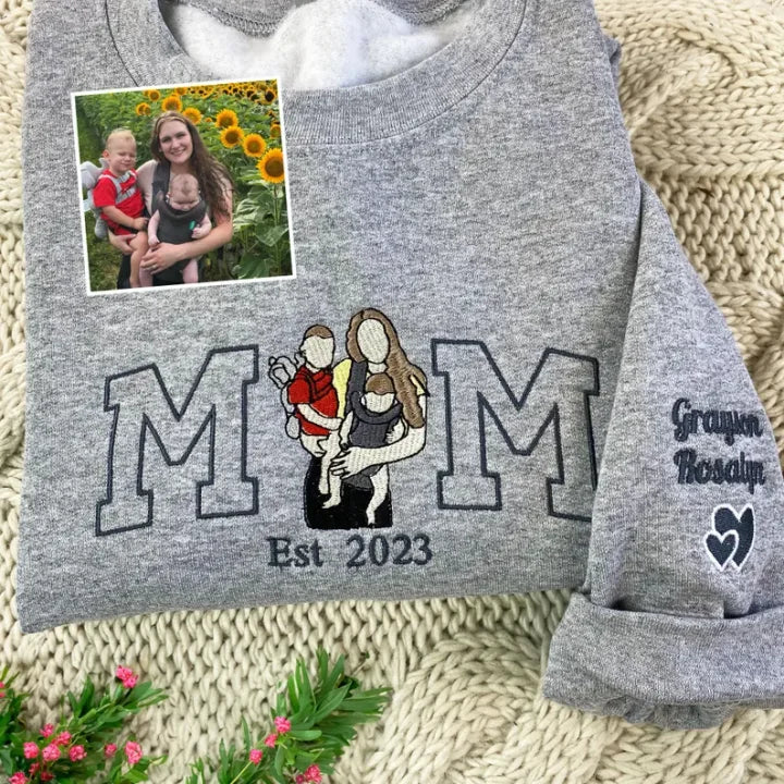 Felpa Mom/Mum con Foto, Felpa con Cappuccio Ricamata Personalizzata Ritratto di Mama e Bambini, Regalo per Mom Mum Mama Mommy