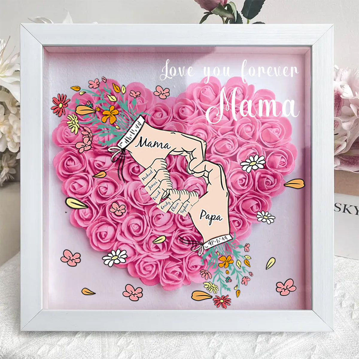 Ti amerò per sempre, Mamma e Papà – Scatola ombra personalizzata a forma di cuore con fiori per Mamma Papà Nonna Nonno