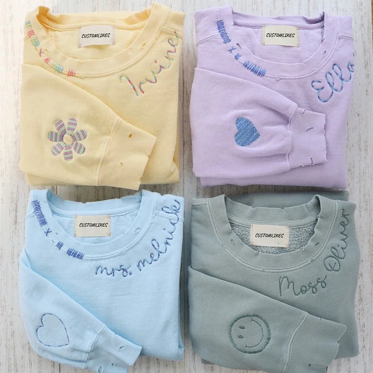 Sudadera Vintage Personalizada con Bordado y Cuello Redondo Desgastado a Mano