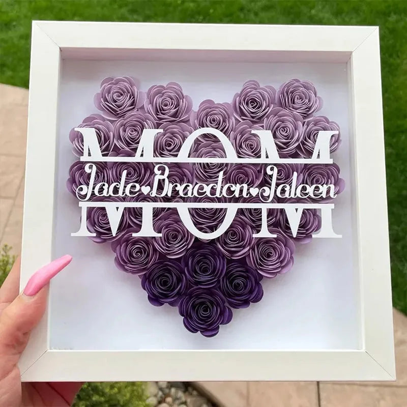 Personalisierte Blumenherz-Schatten-Blumenbox für Mama - Benutzerdefinierter Name Rosenrahmen