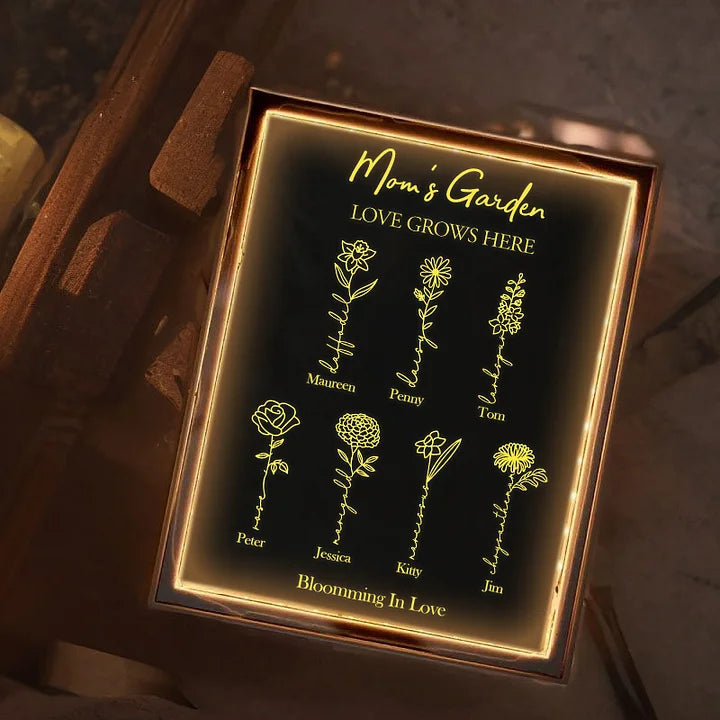 Moms Garden ist ihr Kinder - Personalisiertes, individuelles goldenes Folien-Nachtlicht mit Geburtsblume, Spiegel, Muttertagsgeschenk
