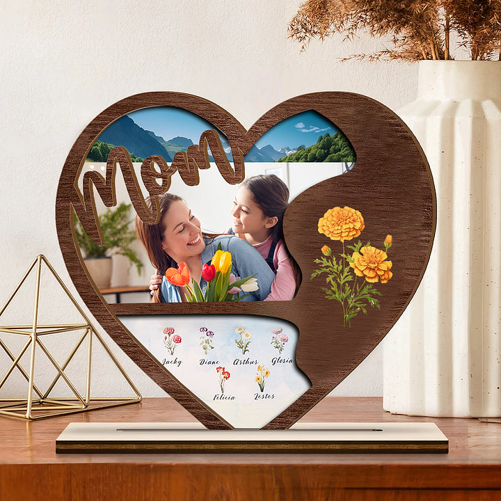 Plaque en bois photo personnalisée Fleurs de naissance personnalisées & Noms Panneau en bois avec support Cadeaux pour maman